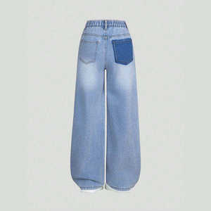 Bulk Light Blue Vintage Wash Straight Leg Denim Trousers High Waist <b>Elastic</b> Women <b>Jeans</b> - Product Image 2