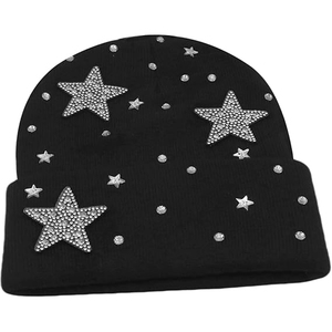 OEM Black Rhinestone Beanie Hat Rib Knit Winter Warm <b>Cap</b> Women <b>Men</b> Soft Stretch Custom Logo Streetwear Hat - Product Image 2