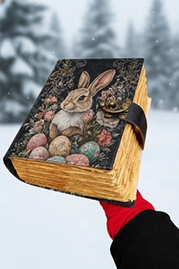 Carnet en cuir vintage 400 pages motif lapin de Pâques, œufs floraux multicolores, reliure cousue, cadeau artistique, par Herb Heritage - Product Image 6