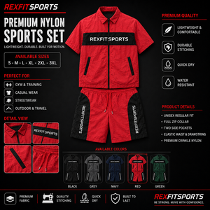 REXFIT SPORTS 2026Custom Unisex Red Black Crinkle Nylon Set Short Sleeve Zip <b>Jacket</b> Shorts Private Label Sportswear Manufacturer - Product Image 1
