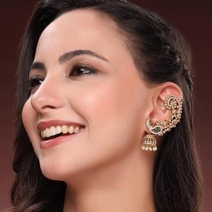 Boucles d'oreilles manchette vintage ethniques pour mariage, en alliage plaqué or avec zircon et perles d'imitation pour femme - Product Image 4