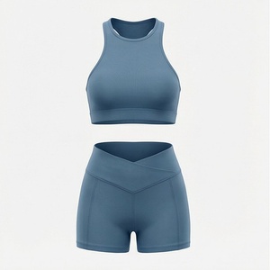 Ensemble 2 pièces de yoga pour femme : Crop top côtelé bleu marine sans manches et short taille haute, dos nageur en V - Product Image 1