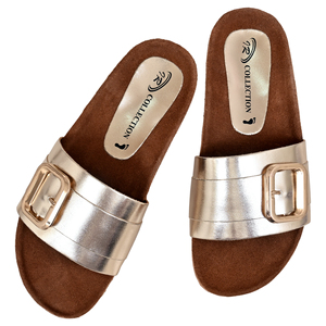 Metallic Gold Cork Platform Women's Shiny Leather Slide Slippers Summer Casual Beach Shoes Large Gold Buckle Breathable - Product Image 4