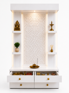 Mueble de Pooja de Madera de Teca de Diseño Moderno y Lujoso, con Símbolo Om y Detalles en Dorado, Nuevo, Duradero, Color Marfil, Tamaño Personalizado, Decoración para el Hogar - Product Image 5