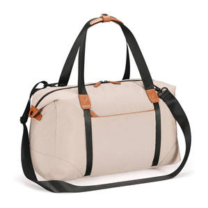 Elegant Beige Canvas Travel Duffle Bag Large Capacity Weekender with Vegan Leather Trim and Adjustable Shoulder Strap - Product Image 2