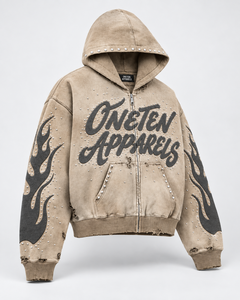 ONETEN APPARELS Sudadera con capucha extragrande para hombre, con cremallera, 100% algodón, diseño de aplique de llama, color beige, estilo urbano de invierno - Product Image 5