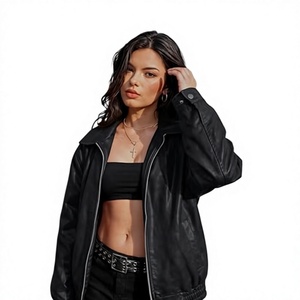 Chaqueta de cuero sintético oversize para mujer, estilo motociclista, casual, con cremallera, manga larga, cuello alto, ropa de calle de invierno, superventas - Product Image 5