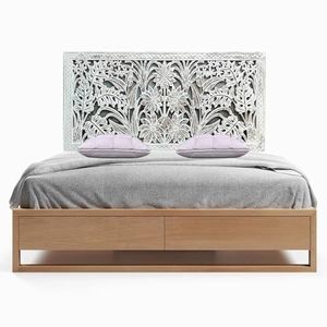 Luxury Handcrafted Solid Wood Bed <b>Frame</b> Ornate Tropical Leaf Floral Carving <b>Antique</b> White Wash Finish - Product Image 1
