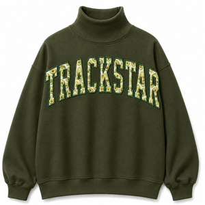 Trackstar <b>Dark</b> Olive Mock Neck Sweatshirt with Avocado Pattern Letter Design Long Sleeve Pullover for Custom Wholesale Apparel - Product Image 1