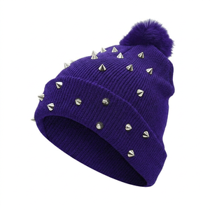<b>Winter</b> Warm Spiked Beanie with Faux Fur Pom Pom Punk Style Gothic Knitted <b>Hat</b> for <b>Men</b> & Women Custom Streetwear Y2K Bobble <b>Hat</b> - Product Image 3