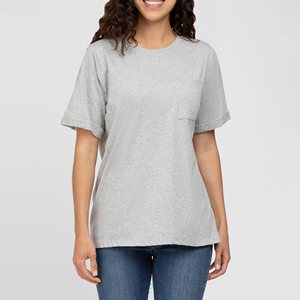 Camiseta de Mujer de Alta Calidad, a la Moda, de Color Sólido, con Bolsillo Delantero, Personalizada, de Cuello Redondo, de Algodón, Gris - Product Image 1