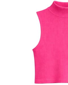 Top Corto Personalizado Rosa Intenso con Cuello Alto y Canalé, Sin Mangas, Ajustado, Elástico, Casual, para Mujer, Chaleco Básico de Verano a la Moda - Product Image 2