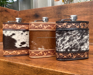 2025 New Wholesale 8oz Portable Brown Cowhide Leather Wrapped Stainless Steel Hip Flask Hand Tooled Leather Wine Whiskey Flask - Product Image 4