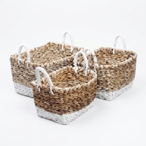 Natural Water Hyacinth <b>Storage</b> <b>Basket</b> Set White Bottom Dip <b>Rectangular</b> Shelf <b>Storage</b> Organizer Box Setup Decor Pure Art Design - Product Image 1