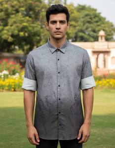 เสื้อเชิ้ตผู้ชายผ้าฝ้ายลินินพิมพ์ลายแขนยาวทรงปกติ ปกเสื้อแบบสเปรด ติดกระดุม สวมใส่สบายๆ แฟชั่นลำลอง ลายพิมพ์ทั่วตัว - Product Image 4