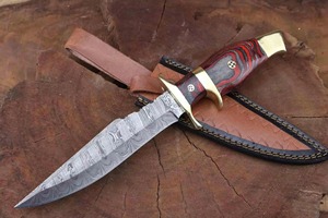 Couteau Bowie industriel artisanal personnalisé pour le camping et la chasse, à lame fixe, pointe droite, en acier Damas 3 mm, manche en bois - Product Image 3