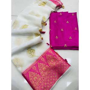 FANCY ORGANZA JARI SECUENCIA JACQUARD FRONTERA TRABAJO SAREE CON BLUSA DESCOSADA BLANCO - Product Image 1