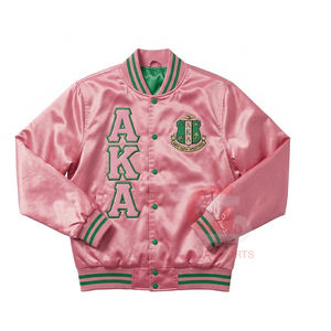Chaqueta bomber de satén rosa y verde estilo universitario con letras griegas, cortavientos, para mujer, ideal para universidades y HBCU. - Product Image 1