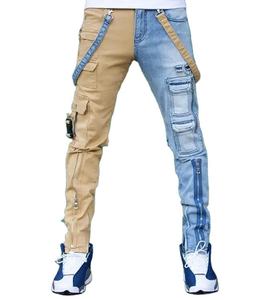 Pantalon slim en jean tricoté délavé pour homme, style décontracté, avec empiècements et fermeture éclair sur le devant, collection automne-hiver - Product Image 2