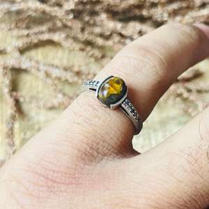 Bague œil de tigre, bague bohème avec pierre ovale pour femme, en laiton plaqué argent, bijoux minimalistes, cadeau, vente en gros - Product Image 3