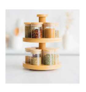 Étagère à épices rotative en bois, plateau tournant Lazy Susan, organisateur de rangement de cuisine en bambou avec ensemble de bocaux en verre - Product Image 1
