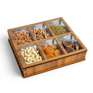 Plateau de service oriental avec 6 compartiments pour noix, fruits secs et bonbons, design rectangulaire minimaliste avec couvercle - Product Image 1