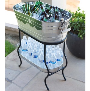 Luxury Oval Stainless Steel <b>Drink</b> Tub with <b>Stand</b> & Bottom Storage Tray OEM Durable Ice Cooler with Wooden Handles for Wholesale - Product Image 4