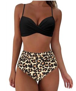Conjunto de bikini de dos piezas para mujer, top halter cruzado, parte inferior de cintura alta, traje de baño elástico de color sólido - Product Image 6