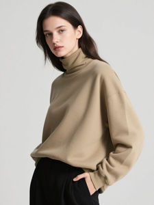 Womens Beige Oversized <b>Mock</b> <b>Neck</b> Sweatshirt Premium Heavyweight Fleece Long Sleeve Pullover Minimalist Casual <b>Top</b> - Product Image 6