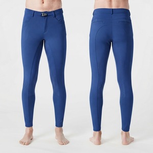 Pantalones de equitación OEM para hombre, de cintura alta, largos, de tela tejida azul, con cinturón y cierre de botón. - Product Image 1