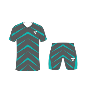 Custom sublimated soccer uniform set for men with dark grey and cyan chevron pattern print jersey and matching <b>shorts</b> - Product Image 6
