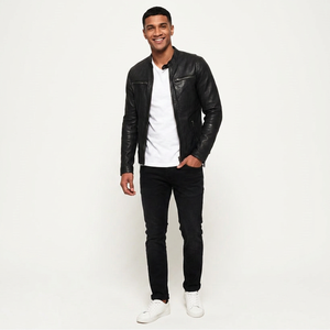 Durable Coated Stand Genuine Leather Varsity <b>Jacket</b> Breathable Zip-up Closure Great Travel Daily Use Standard Thickness Men - Product Image 1