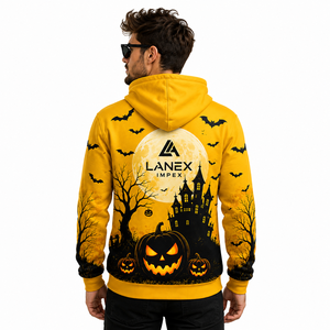 Sweat à capuche unisexe personnalisé jaune Halloween Citrouille Maison Hantée, en polyester, style gothique streetwear, par sublimation - Product Image 2