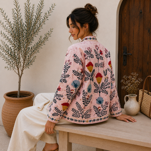 Veste en coton matelassée faite à la main pour femmes, broderie florale, style décontracté bohème, manteau léger à manches longues, style vintage, Bohobi BOHO19 - Product Image 5