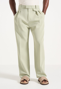 Pantalon droit vert clair pour homme avec ceinture, coupe décontractée élégante, tissu polyester mi-lourd, idéal pour l'été - Product Image 3