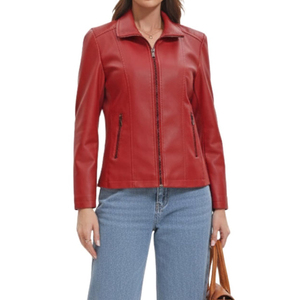 Chaqueta de Cuero Informal de la Mejor Calidad para Mujer, Talla Regular, Cierre Frontal, Cuello Alto, Manga Larga, Transpirable, Color Sólido - Product Image 1