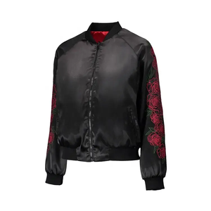 <b>Black</b> Bomber Jacket With Red Rose Embroidery On Sleeves Zipper Closure Satin Lining Casual Style Autumn Wear - Product Image 1