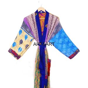 Kimonos de plage faits à la main pour femmes 100% peignoir en soie naturelle bloc de main imprimé Kimono Robes pour femmes - Product Image 2