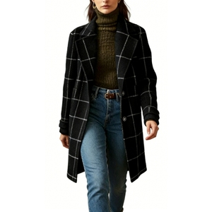 Manteau en laine gris à carreaux pour femme, double boutonnage, col à revers, longueur midi - Product Image 2