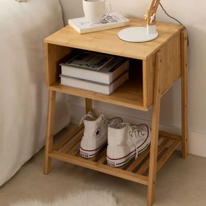 Mesa de Noche Moderna de Bambú con Estante Abierto y Estante Inferior de Almacenamiento para Dormitorio u Hotel - Product Image 1