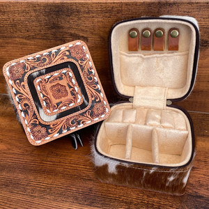 Hand Tooled Leather Portable Luxury Jewelry Organizer High Quality Cowhide Leather Travel Jewelry Cases Ring Earring Jewelry Box - Product Image 2