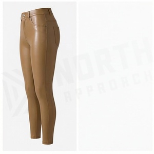 <b>High</b> <b>Waist</b> Full Length <b>Leather</b> Pants With Pockets Button Fly Solid Color Active Stretch Women's <b>Leggings</b> - Product Image 3
