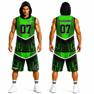 Ensemble de maillots de basket-ball sublimés personnalisés pour hommes, sans manches, à capuche, vert et noir, imprimé géométrique, uniforme athlétique anti-humidité - Product Image 1