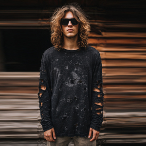 เสื้อยืดแขนยาวทรงหลวมสไตล์ดิสเทรสสำหรับผู้ชาย เสื้อยืดดิสเทรสทรงหลวมไหล่ตกสำหรับฤดูร้อน เสื้อยืดน้ำหนักเบาแห้งเร็วสำหรับผู้ชาย - Product Image 4