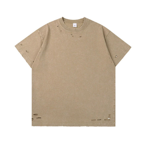 เสื้อยืดผู้ชายไซส์ใหญ่สีน้ำเงินฟอก ผ้าฝ้าย แขนสั้น คอกลม ทรงลำลอง สีพื้น ดีไซน์ขาดๆ ราคาถูก - Product Image 2