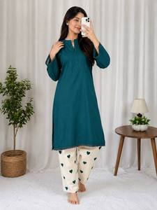 Conjunto de Kurta de Algodón para Mujer con Pantalones con Estampado de Corazones, Ropa Casual para Estar en Casa, Conjunto Coordinado, Kurti de Manga Larga, Ropa Cómoda para el Día a Día - Product Image 3