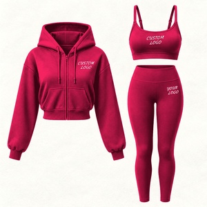 Conjunto deportivo de otoño personalizado para mujer, de tres piezas, con chaqueta con cremallera, sujetador deportivo y pantalones capri para entrenamiento. - Product Image 6