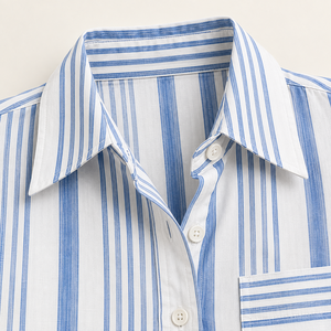 Camisa de Mujer con Botones Geométricos, Manga Larga, Corte Regular, Popelina de Algodón, Blusa Casual de Verano, Blanca y Azul, de Secado Rápido y Lavable - Product Image 4