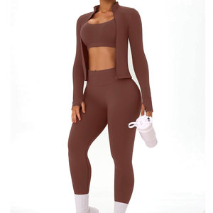 Ensemble de yoga 3 pièces pour femmes, tissu extensible doux, coupe confortable, vêtements de sport, haut, pantalon, veste, fabricant de vêtements en gros - Product Image 1