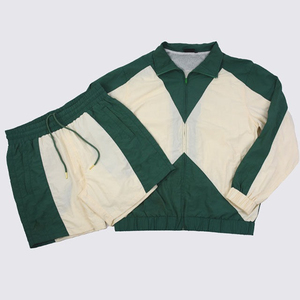 Ensemble de survêtement unisexe vert et crème à blocs de couleur, manches longues, col montant, short, sportif, respirant, en polyester, pour l'été - Product Image 3